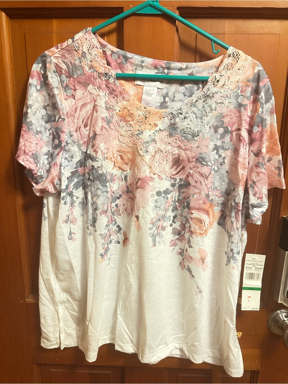 Alfred Dunner White Short Sleeve Top with Pink & Gray Floral Lace Trim